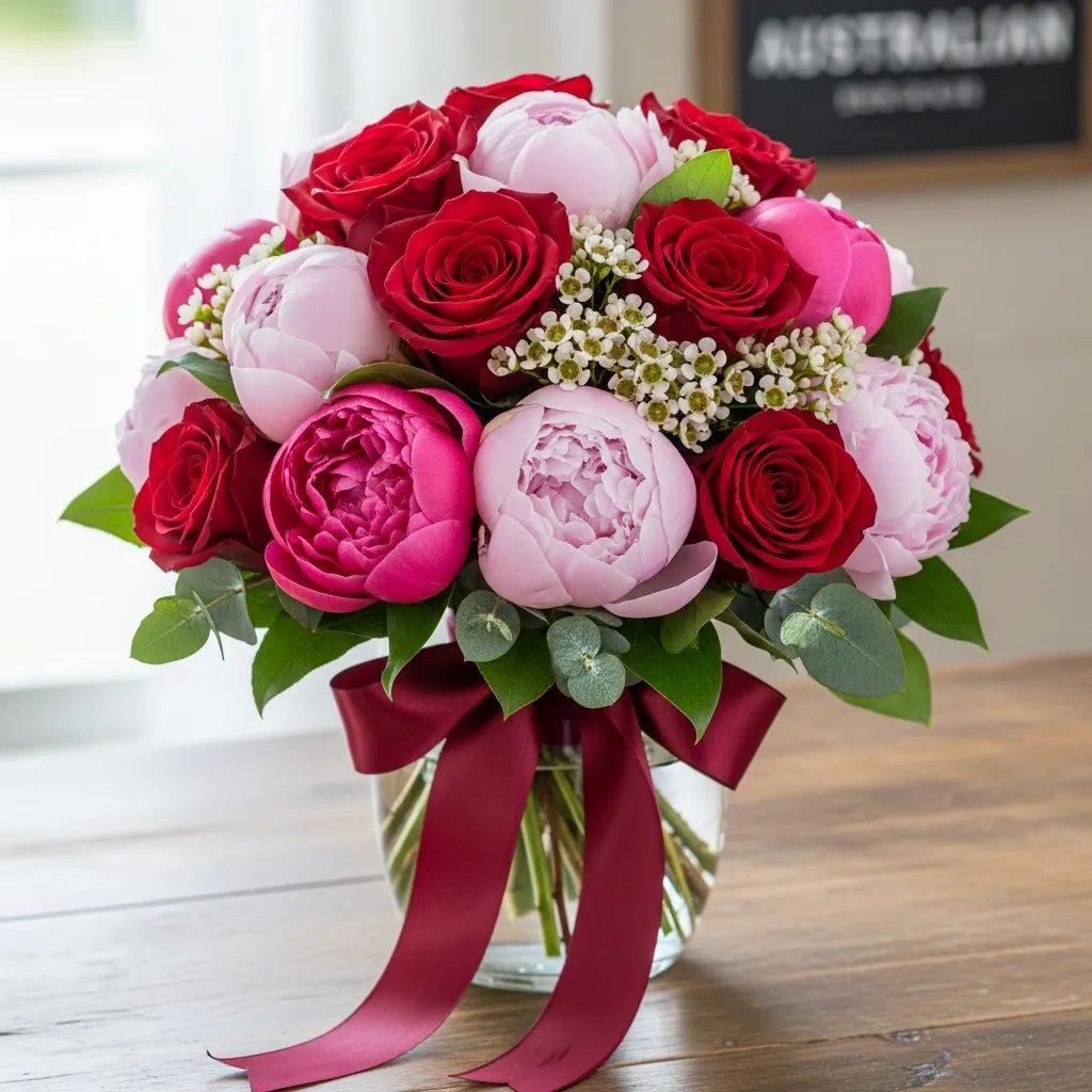 Romantic Essence bouquet with red roses and peonies from Australian growers